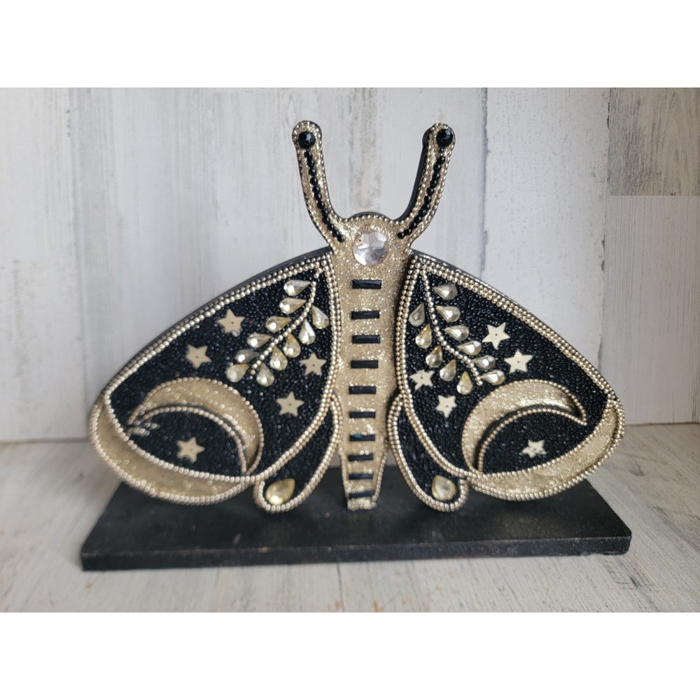 Moth black wooden bedazzled gold glitter Halloween unique Home decor